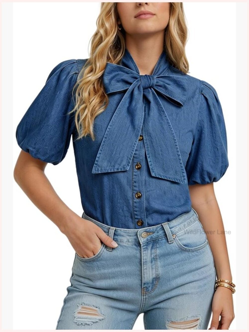Women's Button Down Denim Shirt with Puff Sleeves and Bow Tie Neckline